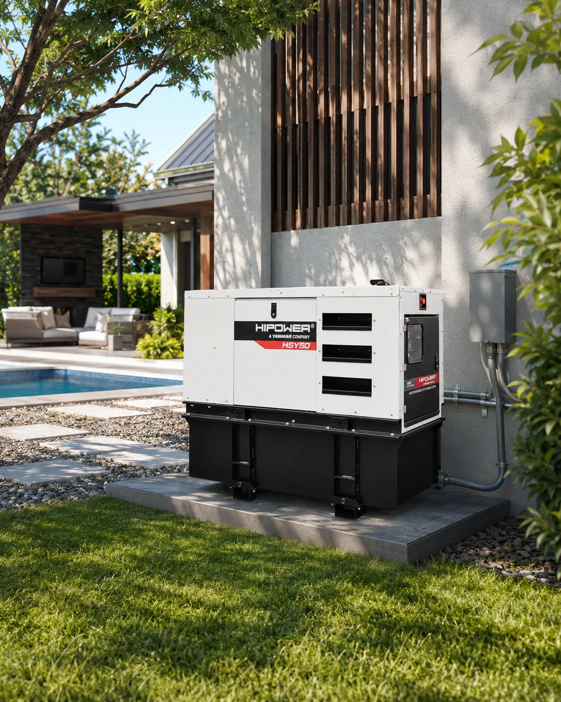 Generador HIPOWER HSY instalado junto a una residencia moderna