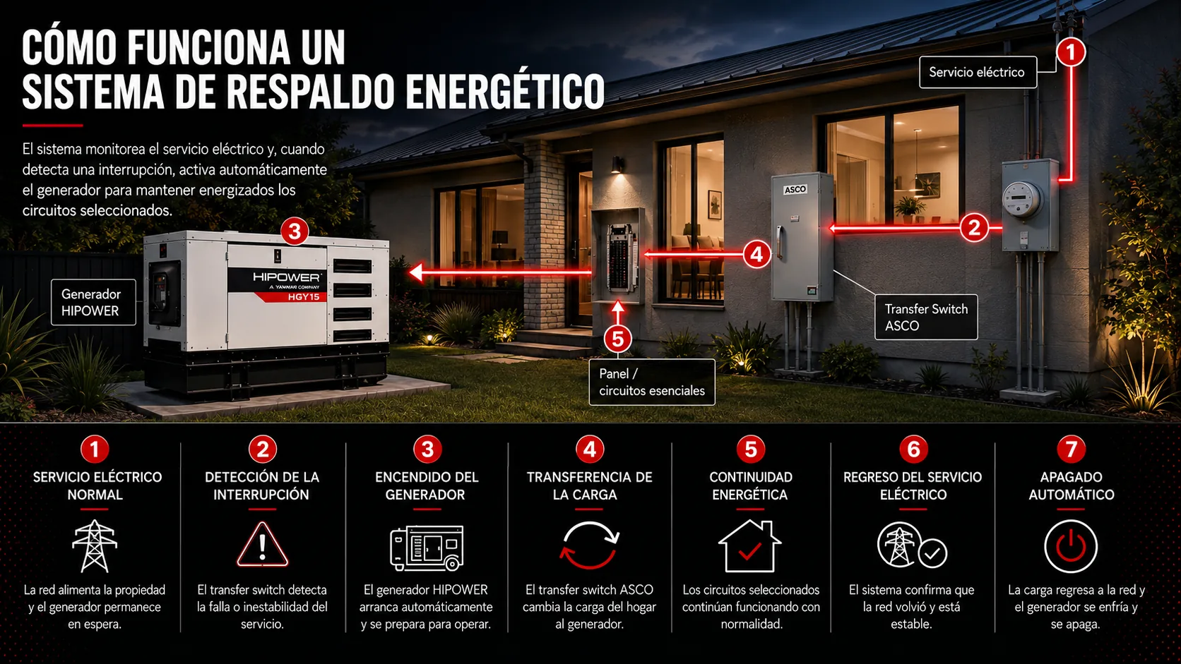 Infografía del funcionamiento de un sistema de respaldo con generador HIPOWER y transfer switch ASCO